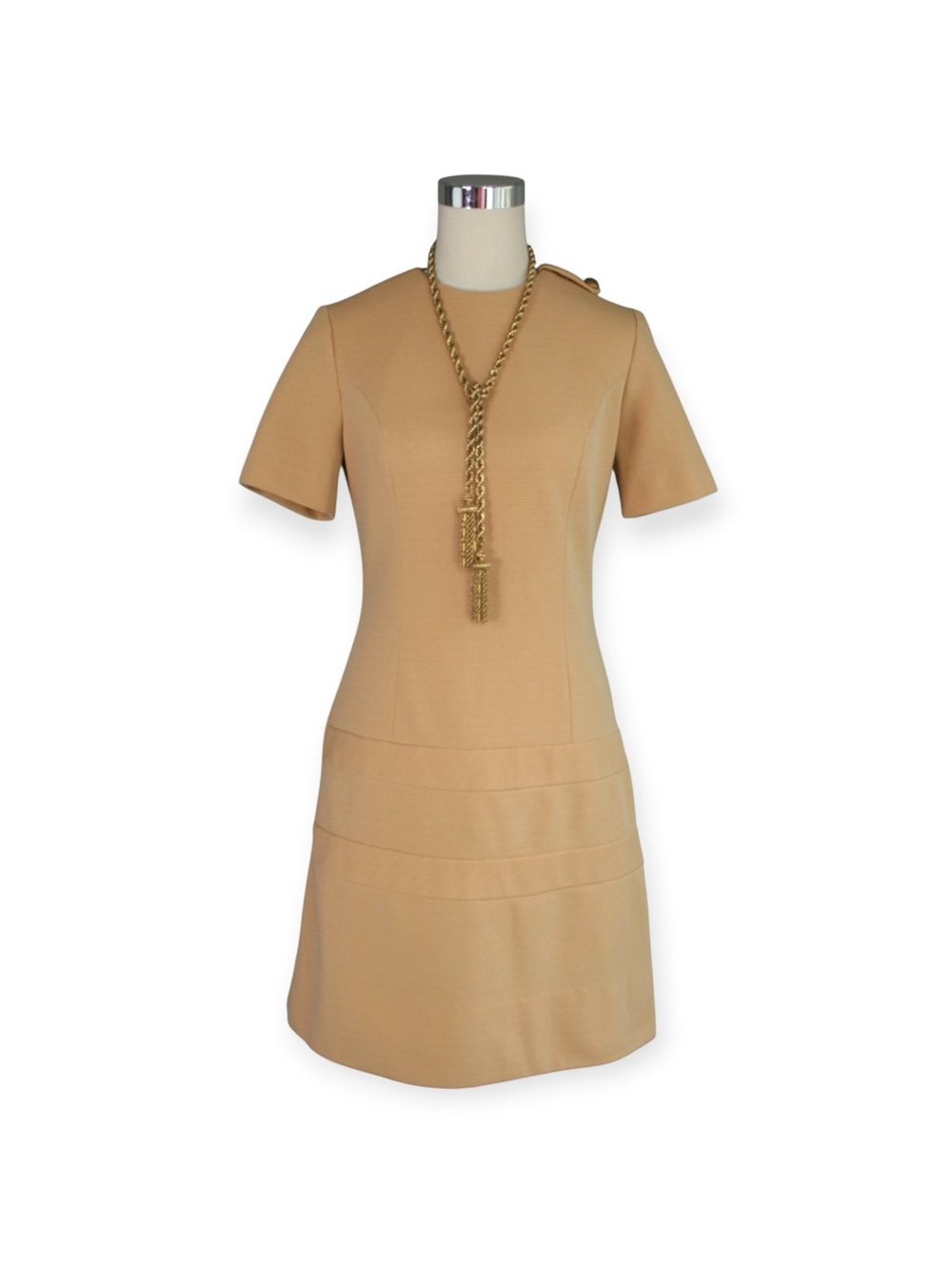 Vintage 1970s Warm Caramel Beige Color-Blocked Mod Mini Day Dress | size 4/6